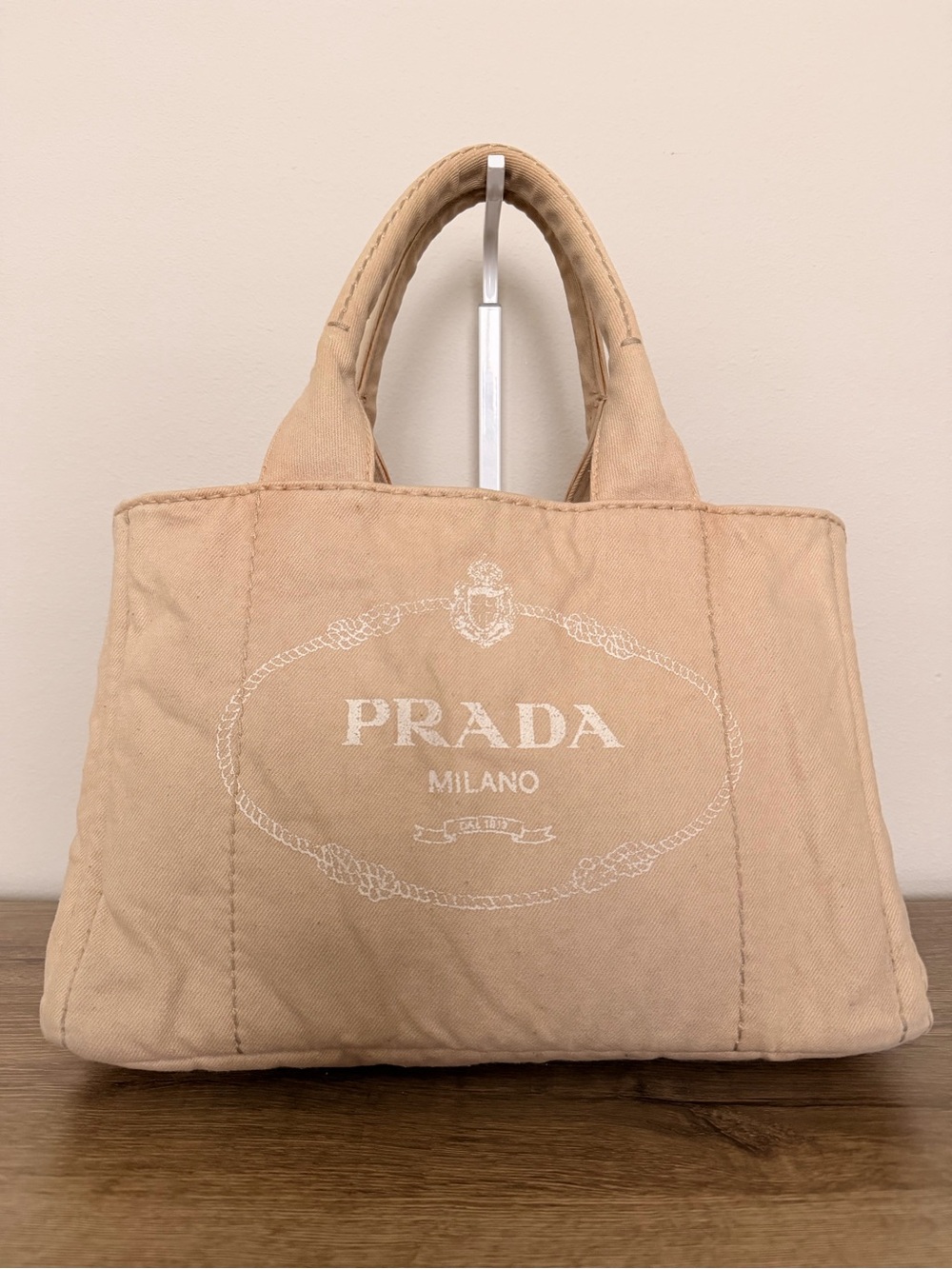 Large Beige Prada Canapa Handbag with gold hardware